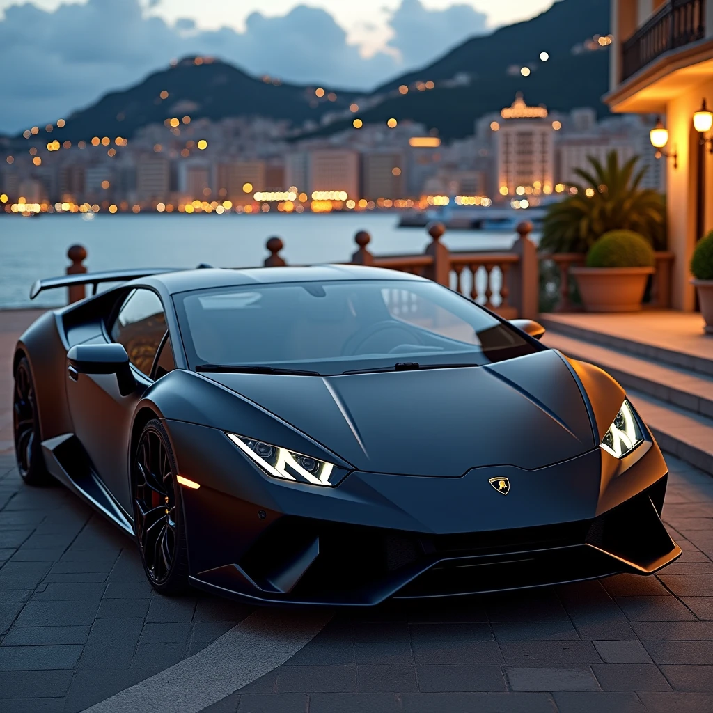 Matt black Lamborghini parked in Montecarlo in evening,  Nikon photography 