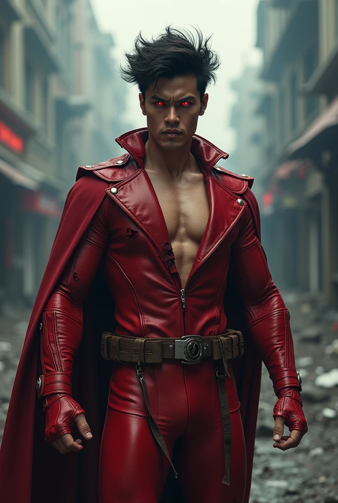 fragments splash Snowflakes, particles blender Cinematic Composition A realistic photoshoot of an asian male model cosplaying daredevil classic Uniform red Pearl white , hair style conceptual messy wind akira toriyama as from RAW photography tmasterpiece Anthropomorphic humanoid daredevil nanopunk . rage facing eyes glow red red gold Torn Viking costume wearing Street attire, Walk wildly through the crowd, intricately details, Intricate work by Gribors, Behind the city, fit-muscled body, Large muscles, Muscular arms, Small head, Scary ogres, Titan soft lighting, Ultra photo realsisim, gentle illumination, sinister environment filmed by Zack Synder variant angles dynamic. Tense scene.in destroyed street.armor.crazy pose heroic fighting.