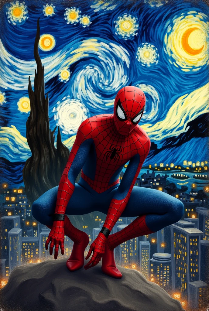 I want you to make me a painting of Spider-Man, but with a lot of themes that look like Van Goh's like the starry night or something like that, But with spiders and lots of Spider-Man references to movies and comics, it's great, but I think you could do better by including the 3 Spiderman movies.