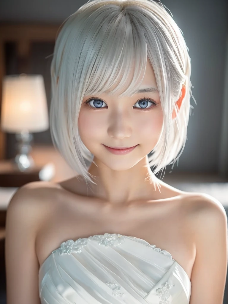 a young beautiful Japanese girl with short platinum silver hair,large clear eyes,droopy eyes,a balanced gaze,and a sweet smile,Nordic beauty,wearing a detailed wedding dress,highly detailed and realistic,cinematic lighting,dramatic shadows,vibrant colors,photorealistic,8k,masterpiece