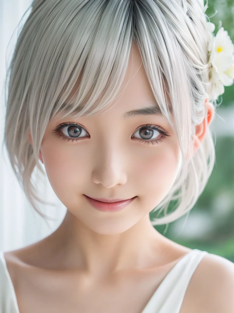 a young beautiful Japanese girl with short platinum silver hair,large clear eyes,droopy eyes,a balanced gaze,and a sweet smile,Nordic beauty,wearing a detailed wedding dress,highly detailed and realistic,cinematic lighting,dramatic shadows,vibrant colors,photorealistic,8k,masterpiece