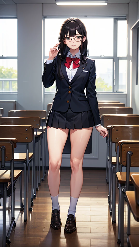 (((Masterpiece))),(((best quality))),one girl, 18yo, black hair, bangs, hime-cut, long hair, straight hair, black eyes, Glasses, high school student, school uniform, blazer, mini skirt, thick thighs, full hip, standing, at classroom