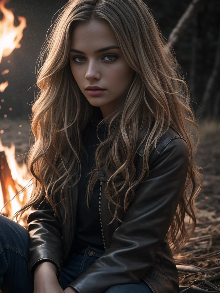 1 girl, age24, long wavy blond hair, tousled hair from the wind, Whole body, Kolossal , sit around the campfire, Wears brown leather coat, dark blue jeans, (Extremely detailed 8k background image), Atmospheric lighting, good quality, film grain, Fujifilm XT3 sharp focus, f 5.6, 50mm, high detail, sharp focus,(dark light), Atmospheric lighting, night time, (seductive), realistic, crazy details, complex details, hyper-detailed