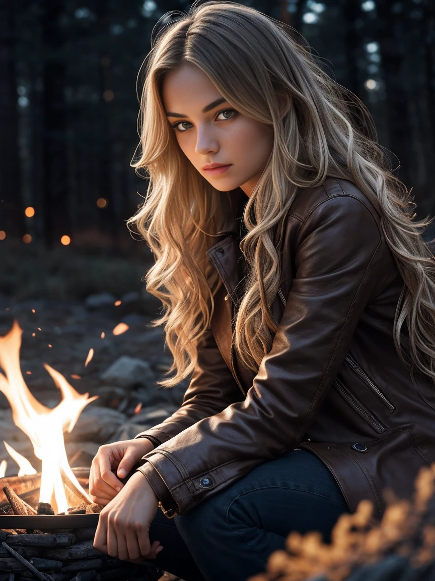 1 girl, age24, long wavy blond hair, tousled hair from the wind, Whole body, Kolossal , sit around the campfire, Wears brown leather coat, dark blue jeans, (Extremely detailed 8k background image), Atmospheric lighting, good quality, film grain, Fujifilm XT3 sharp focus, f 5.6, 50mm, high detail, sharp focus,(dark light), Atmospheric lighting, night time, (seductive), realistic, crazy details, complex details, hyper-detailed