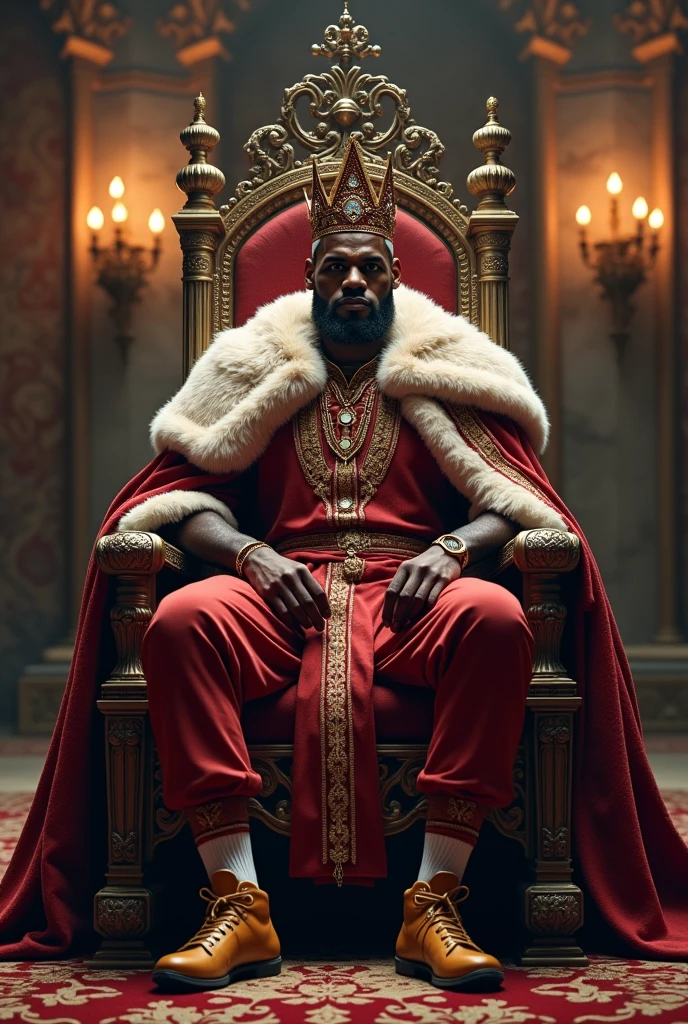 I need a picture of LeBron James sitting on a throne in Game of Thrones with a royal crown. And the clothes are like those of the old kings