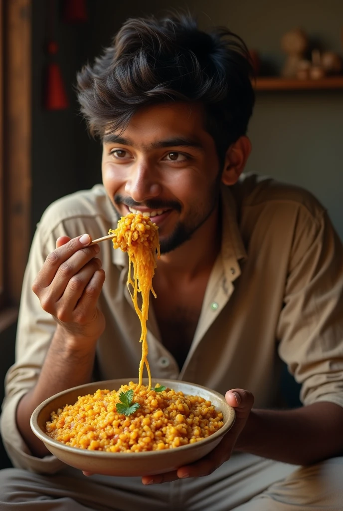 Create a image of a 25 years man sitting and eating khichdi  from his hand 