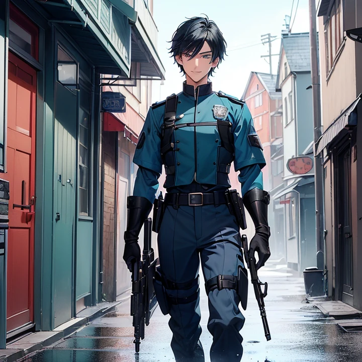 Anime Style, Character Design, HD, Best Quality, Masterpiece, High Details, High resolution, fantasy, carefully detailed, no deformities, character alone.
{{(1character: a 22 young man police officer:(pale skin, short black hair, he stands 1,88 meters tall, slender body complexion, green eyes, short nose, thin lips,),(police uniform, blue cuirass, blue shoulder pads, grey police shirt, black gloves, blue belt, , grey pants, blue helmet with a four pointed star in the top, short silver shotgun in both hands),(kind smile, walking on guard pose ever vigilant, holding his shotgun with both hands),(night time, dark night sky, highly iluminated street, norway fantasy city version, colorful houses, colorful shops, colorful floor))}}