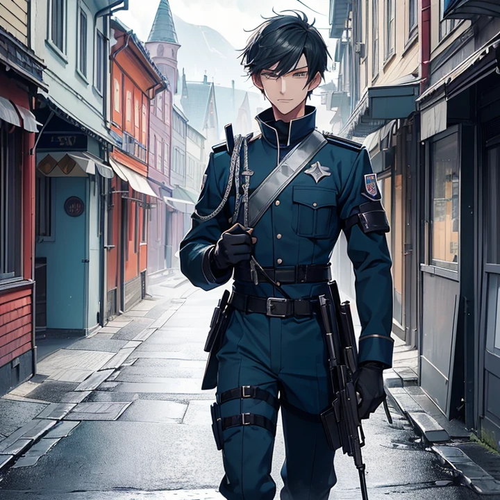 Anime Style, Character Design, HD, Best Quality, Masterpiece, High Details, High resolution, fantasy, carefully detailed, no deformities, character alone.
{{(1character: a 22 young man police officer:(pale skin, short black hair, he stands 1,88 meters tall, slender body complexion, green eyes, short nose, thin lips,),(police uniform, blue cuirass, blue shoulder pads, grey police shirt, black gloves, blue belt, , grey pants, blue helmet with a four pointed star in the top, short silver shotgun in both hands),(kind smile, walking on guard pose ever vigilant, holding his shotgun with both hands),(night time, dark night sky, highly iluminated street, norway fantasy city version, colorful houses, colorful shops, colorful floor))}}