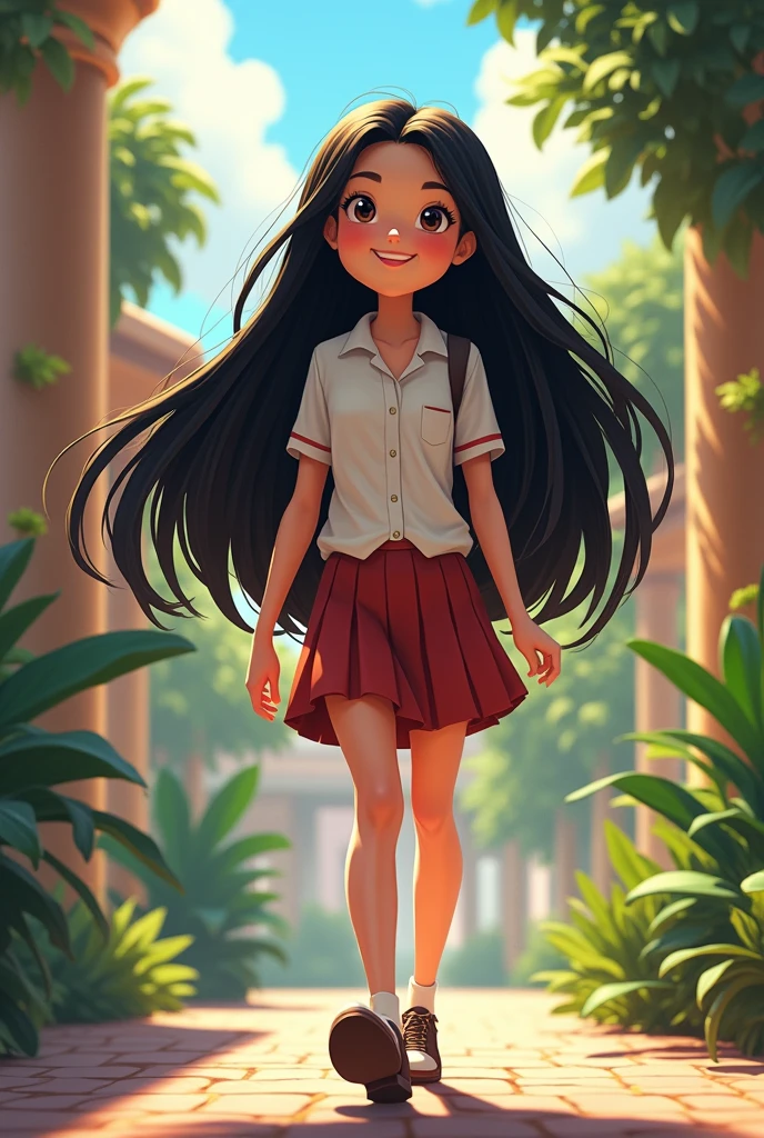 Generates a Disney Pixar type image of a white girl with long black hair in a uniform going to study