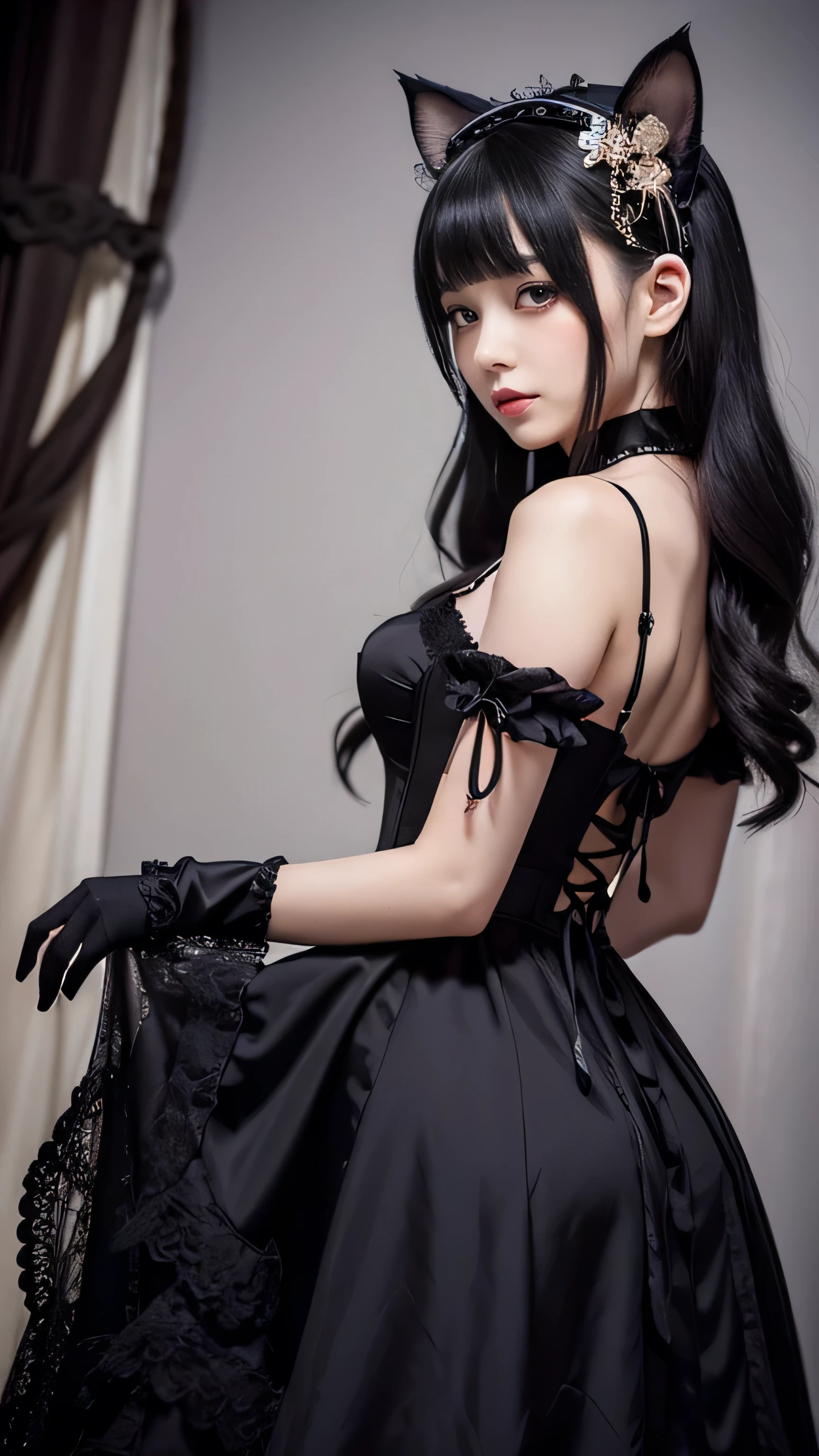 Prompt: Create an ultra-realistic 8K resolution image of a Bakeneko, the shape-shifting cat spirit from Japanese folklore, reimagined as the ultimate Gothic ta (GothLoli) character while fully retaining its iconic features. The Bakeneko is depicted as an enchanting figure, her feline traits seamlessly blended with the dark elegance of Gothic Lolita fon. She has long, flowing black hair that cascades down her back in silky waves, adorned with a delicate lace headband and small, intricate accessories that enhance her mysterious allure. Her large, almond-shaped eyes glow with a captivating amber hue, their slitted pupils adding a touch of supernatural intensity.
Her cat ears, prominently positioned atop her head, twitch slightly, and are adorned with small black bows that match her outfit. A subtle, enigmatic smile graces her face, giving her an air of both innocence and hidden power. She is dressed in an exquisitely detailed Gothic Lolita dressmbining deep blacks with rich, dark reds and purples. The dress features layers of lace, ribbons, and frills, with a corseted bodice that enhances her delicate yet otherworldly figure.
Her hands, though graceful, end in sharp, retractable claws, hinting at her true nature. A long, sleek cat tail sways behind her, tipped with a small, lace-trimmed ribbon that complements her outfit. Her accessories include a small, black lace parasol and lace gloves that add to her refined, Gothic appearance.
The background is set in a dimly lit, ornate Victorian-style room, with heavy curtains and flickering candles casting shadows, creating an atmosphere of dark elegance. The scene captures the essence of the Bakeneko as the ultimate Gothic Lolita characterrging her mystical origins with the timeless beauty of GothLoli fashion.