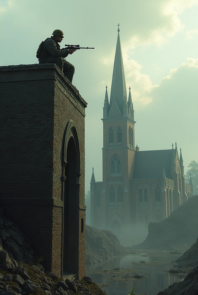 Create a destroyed cathedral with a sniper on a tower with a World War II atmosphere 