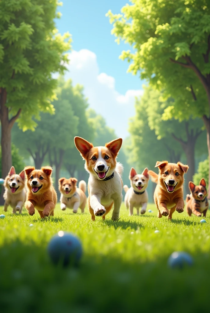 Close-up of dogs of various breeds playing on green grass, some chasing balls, others tugging on ropes, and a few resting under the shade of trees. All dogs look happy and energetic.