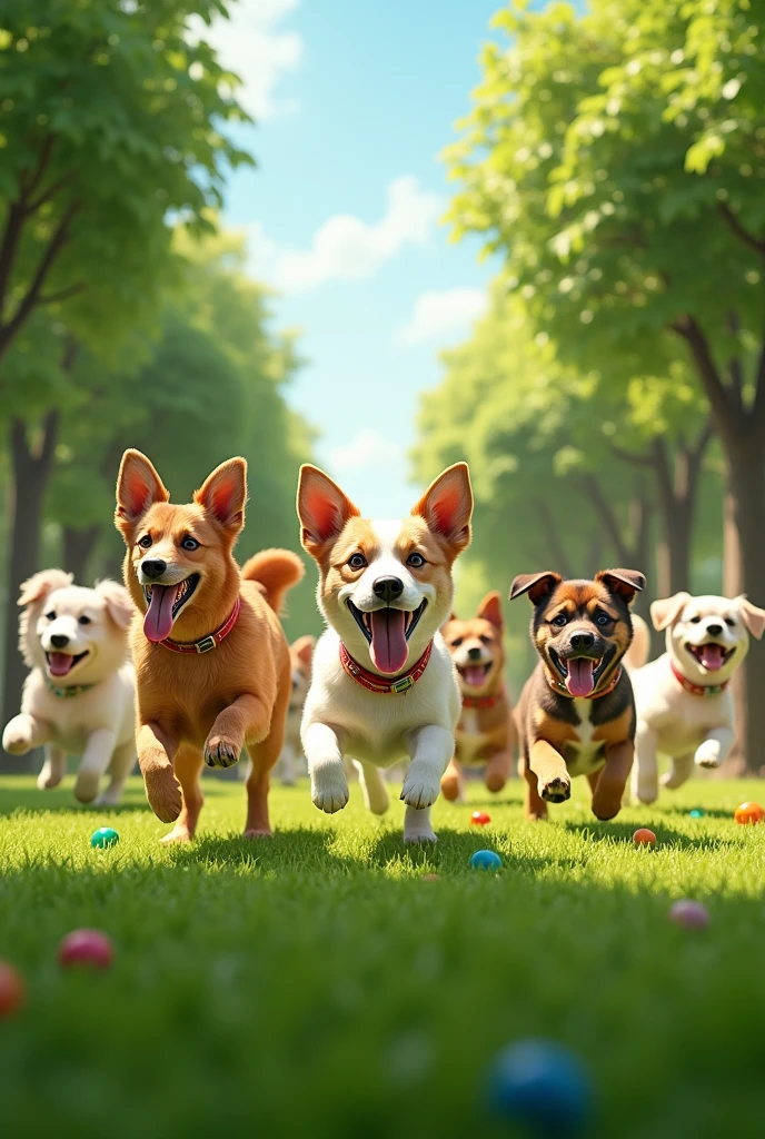 Close-up of dogs of various breeds playing on green grass, some chasing balls, others tugging on ropes, and a few resting under the shade of trees. All dogs look happy and energetic.