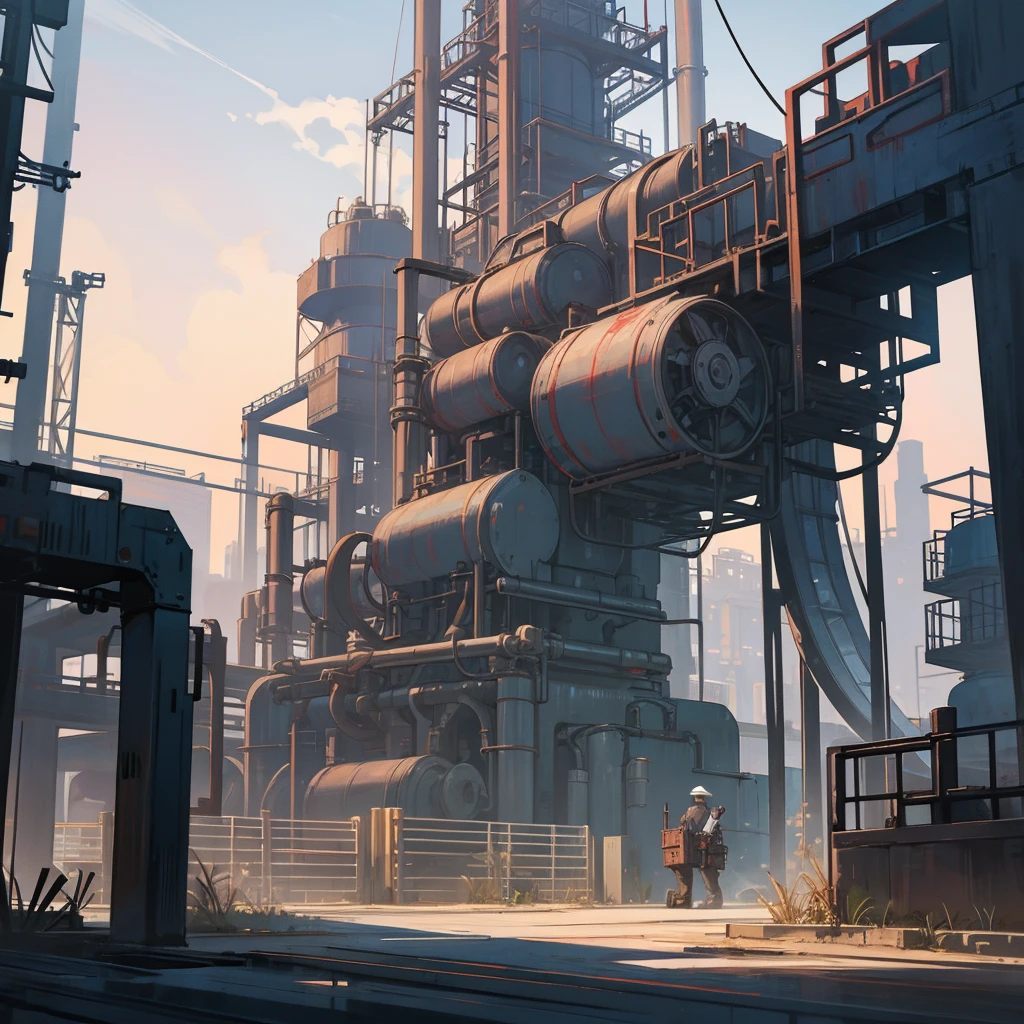 Industrial park area with a large factory and industry with metal pipes and chimneys that expel smoke with all kinds of work machines and in the center there is a metal tower that is surrounded by work machines and gears. ,etc 

