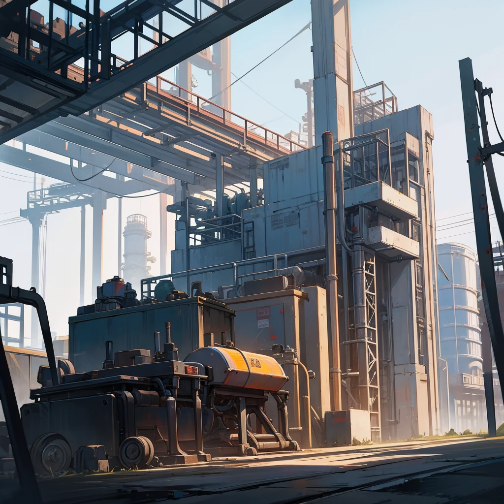 Industrial park area with a large factory and industry with metal pipes and chimneys that expel smoke with all kinds of work machines and in the center there is a metal tower that is surrounded by work machines and gears. ,etc