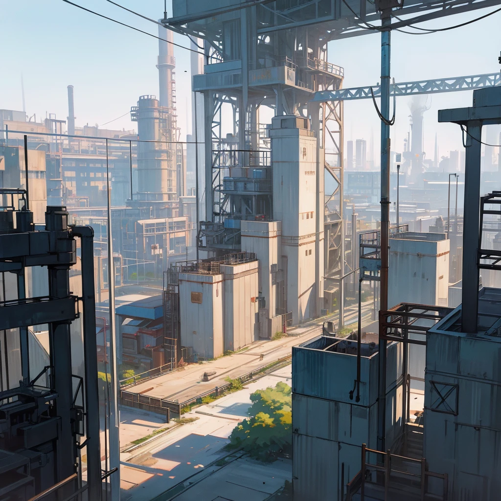Industrial park area with a large factory and industry with metal pipes and chimneys that expel smoke with all kinds of work machines and in the center there is a metal tower that is surrounded by work machines and gears. ,etc 

