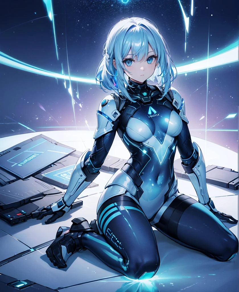 ((Holographic glow effect)),8k, Highest quality, (real:1.4), Original photo, 1 person, Asari Hair, Biological Amplifier, refined armor, posture: Peace talks between warring factions, smart blue eyes,whole body