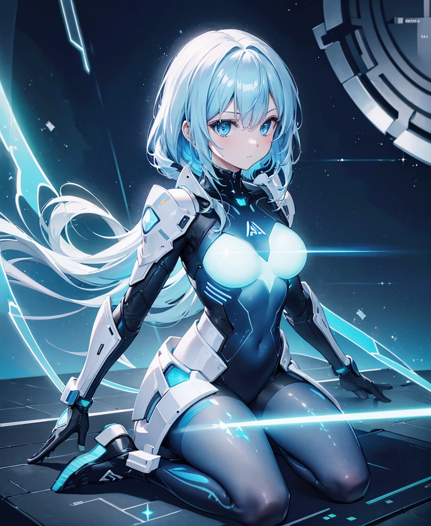 ((Holographic glow effect)),8k, Highest quality, (real:1.4), Original photo, 1 person, Asari Hair, Biological Amplifier, refined armor, posture: Peace talks between warring factions, smart blue eyes,whole body