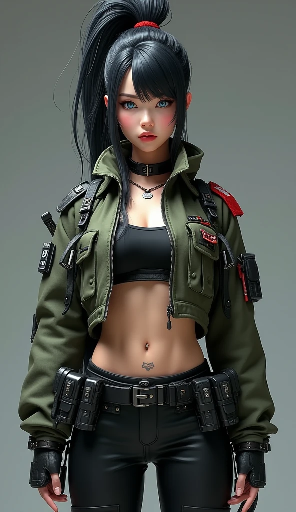 Create a hyper-realistic 3D rendering of a futuristic female soldier character. She should have striking Asian features with intense blue eyes and a confident expression. Her jet-black hair should be styled in an elaborate updo with a red hair tie, loose strands framing her face. Dress her in a cropped military jacket in olive green with black and red accents. The jacket should feature multiple straps, patches, and tech-inspired details. Pair this with form-fitting black pants and a utility belt with various pouches and gadgets. Add intricate details like a small tattoo on her midriff, black stud earrings, and arm guards. Her skin should have a slight sheen, emphasizing the 3D quality. Use dramatic lighting to create depth and highlight the textures of her outfit and skin. The background should be a gradient of cool greys, focusing attention on the character. Employ advanced 3D rendering techniques to achieve photorealistic textures, especially in the fabric of her clothing and the shine of the metallic elements. The overall aesthetic should blend military practicality with futuristic sci-fi elements, creating a compelling and dynamic character design.