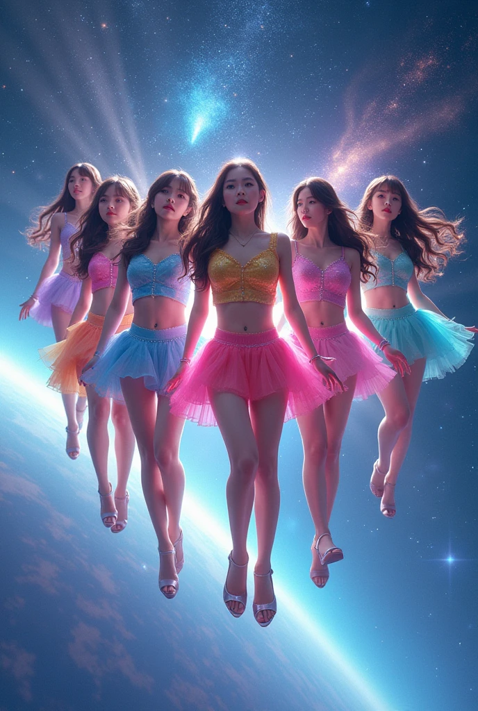 6 girls in space wearing kpop outfits