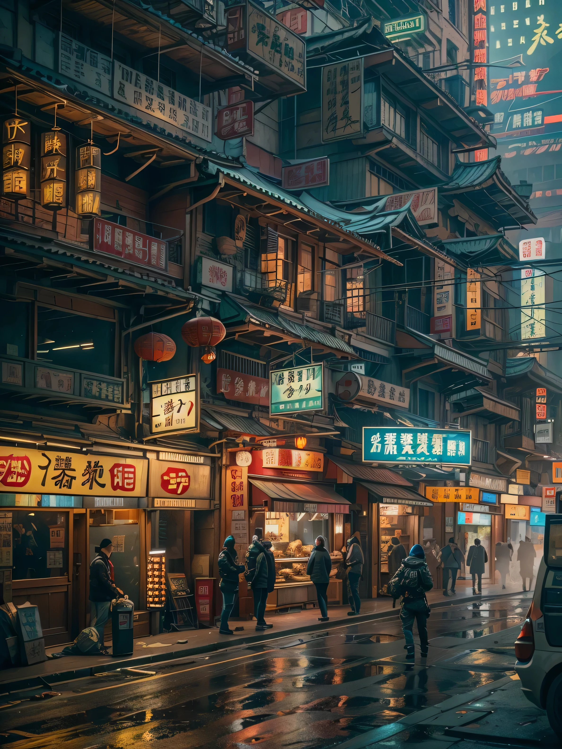 (((Masterpiece))), Best Quality,realistic perspective, High-resolution photograph,realistic details,sharp focus,Dystopian city set in the year 2527, with a cyberpunk theme centered around Chinatown. The scene should be rich in detail and feature crowded streets illuminated by vibrant neon lights. The architecture should showcase traditional Chinese elements, integrated into a futuristic, high-tech environment. The atmosphere should have a shady, mysterious vibe, with sharp focus on the intricate details of the setting, including signs, storefronts, and pedestrians. The depth of field, (extremely intricate:1.3),4k, 8k