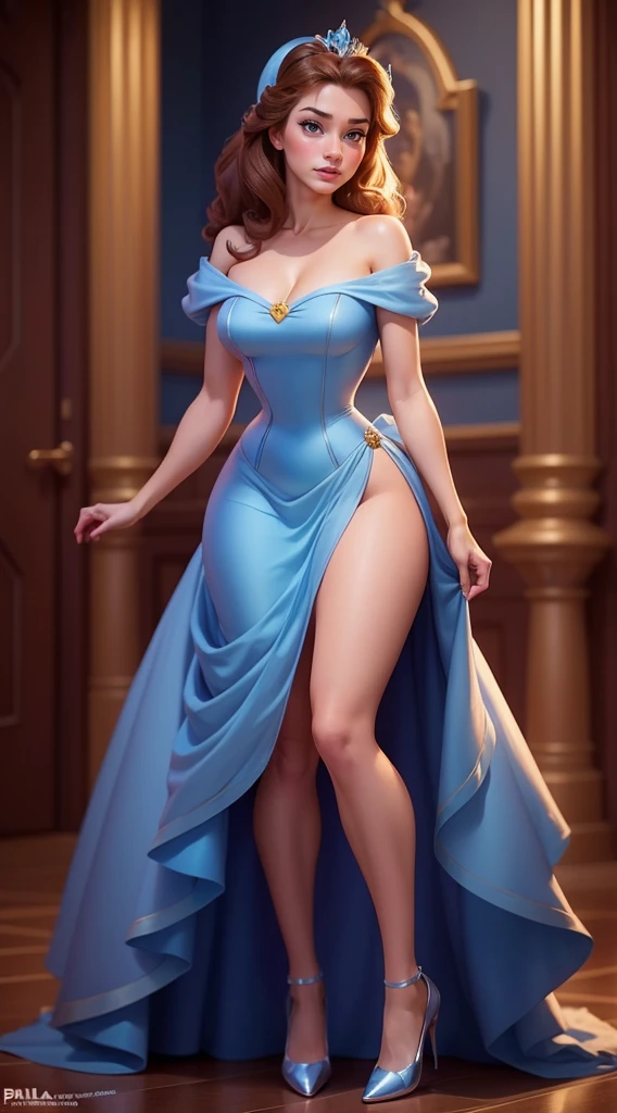 ((1 girl)), Masterpiece, (high quality, best render), (beautiful girl, belle), (bomb, pin-up style), hot, floss, perfect body, 4k hd, disney princess, beautiful female princess, anime princess, hd artwork, official art, disney cartoon, beautiful princess, long thin legs, large breasts, sexy pose, beautiful princess, a cartoon of a woman in a blue night gown, belle, beautiful character painting, disney character, disney artist, disney art style, disney art, official art