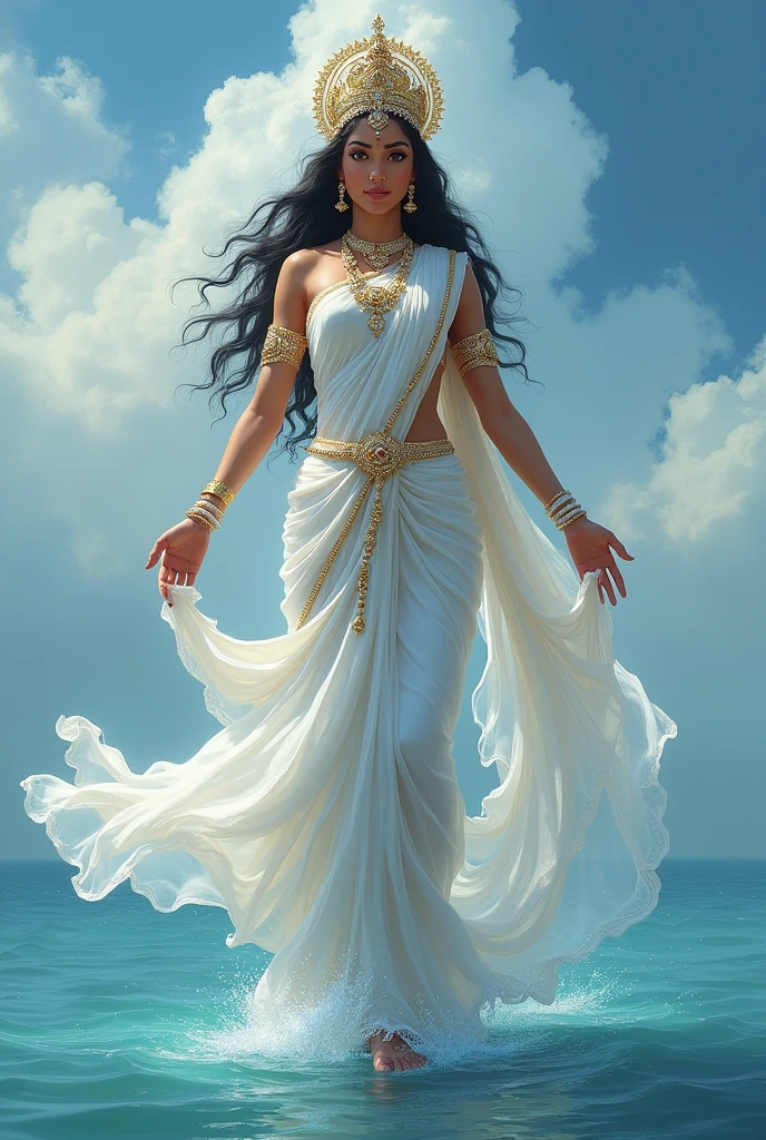 Indian goddess divine maa ganga decent image with beautiful white silk saree and covered whole body body  and wearing jwellery of pearls and diamonds,standing on blue sea surface,indian face,silver crown on head with full of diamonds,ruby,pearls,