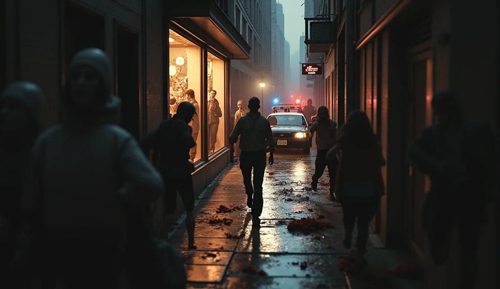 Fleeing civilians appear in the frame. They are running away from dark figures (zombies). - from a dark alley;
- inside a police car, a zombie in the back seat attacks a policeman; - the glass of the store breaks and the body of a man falls from there, behind whom there is a crowd of zombies;dark fantasy, professional photo, beautiful, 3d, realistic