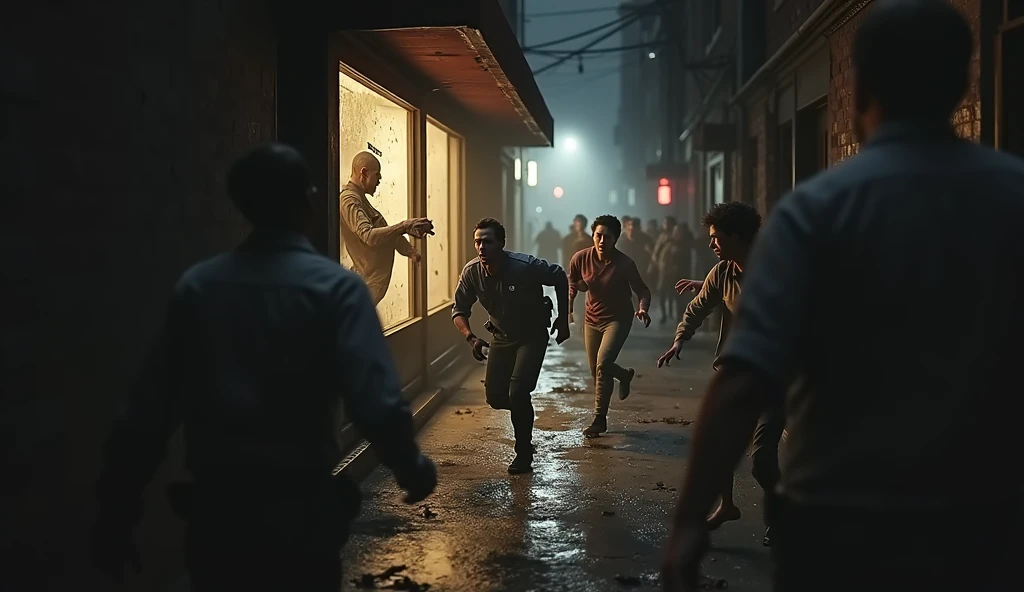 Fleeing civilians appear in the frame. They are running away from dark figures (zombies). - from a dark alley;
- inside a police car, a zombie in the back seat attacks a policeman; - the glass of the store breaks and the body of a man falls from there, behind whom there is a crowd of zombies;dark fantasy, professional photo, beautiful, 3d, realistic