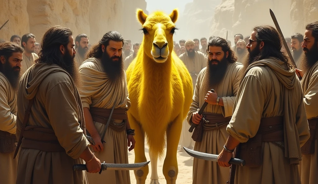 Men with long beards and slightly long hair, wearing simple, old clothes, holding knives and daggers, and surrounding a circle, and the camel in the middle, a bright yellow camel.   