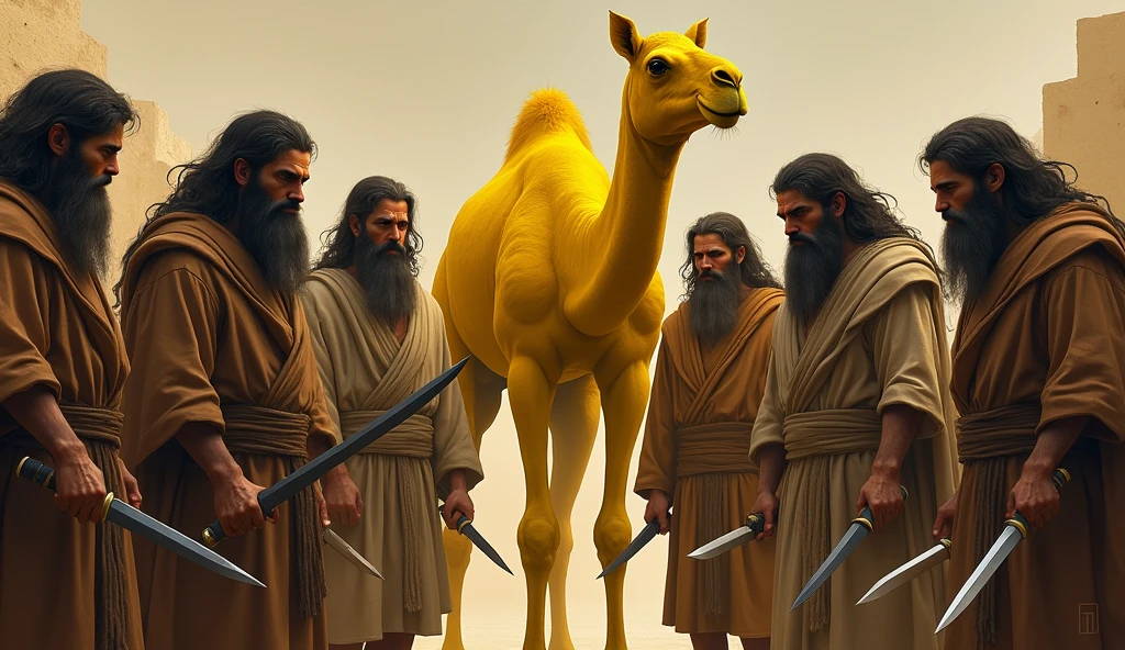 Men with long beards and slightly long hair, wearing simple, old clothes, holding knives and daggers, and surrounding a circle, and the camel in the middle, a bright yellow camel.