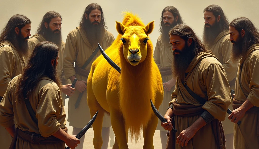 Men with long beards and slightly long hair, wearing simple, old clothes, holding knives and daggers, and surrounding a circle, and the camel in the middle, a bright yellow camel.   