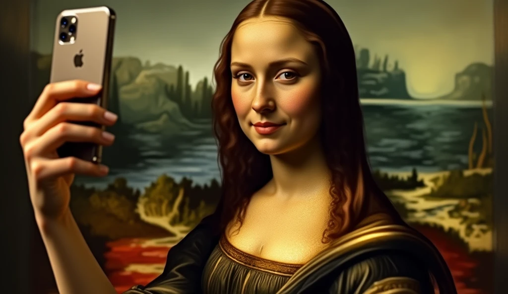 mulher jovem tirando uma selfie com seu iphone-15, 500 anos atrás, essa mulher é parecida com a Monalisa, High resolution,sharp focus,(ultra detailed,extremely detailed),(photorealistic artwork:1.37),(extremely detailed CG unity 8k wallpaper),(((vibrant colors,vibrant theme))),(Intricate),(masterpiece),(Best Quality), cleavage, big breasts