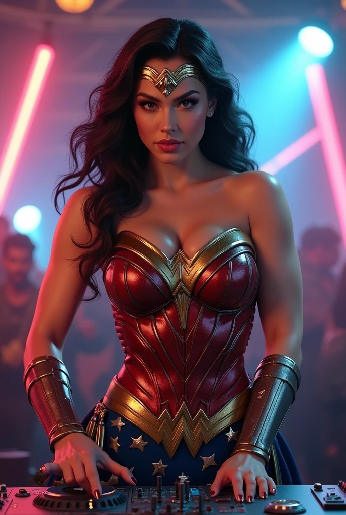 Wonder woman, big breasts, Realistic, perfect body, full body, Busty, Touching the Dj