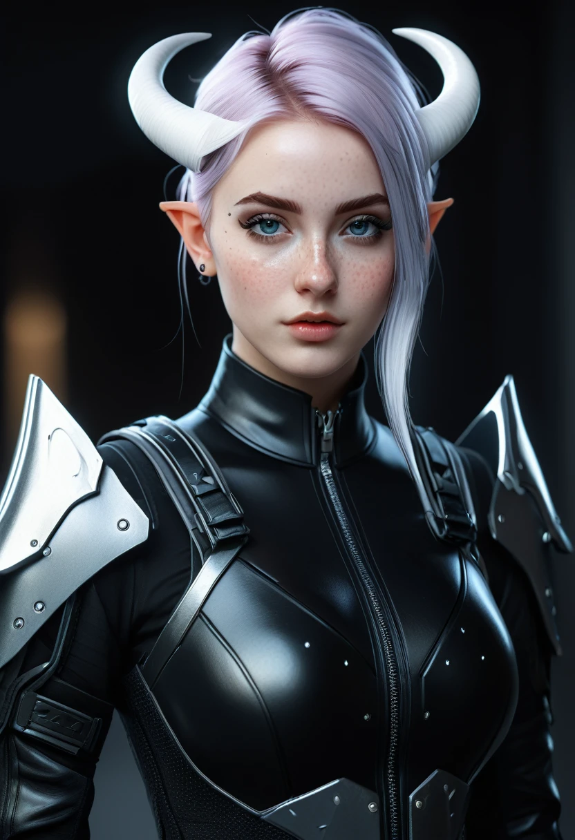 a close up of a female, pastel goth, big elf girl with freckles, light grey eyes, pointy ears, freckles, many freckles on face, white horns, unreal 5. rpg portrait, 8k portrait render, unreal engine 5, beautiful female elf, unreal engine character art, female character, female lead character, there is a woman in a black leather outfit posing for a picture, goth cybersuit, wearing techwear and armor, cybersuit, dark natasha, cyber suit, clothed in sci-fi military armor, cybersuits, diverse cybersuits, cyberpunk 2 0 y. o model girl, in a dark space mercenary outfit, cyberpunk gorgeous goddess 