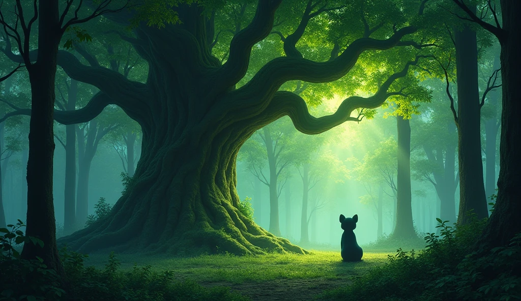 "A dense, mystical forest filled with tall trees and sunlight filtering through the leaves. Somesh stands in front of a massive, ancient tree with glowing green leaves. The tree looks enchanted, with a serene aura surrounding it. Somesh, looking curious, is sitting under the tree, gazing up at it with a sense of wonder."