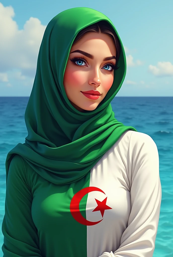 Best quality, high resolution, masterpiece: 1.3), fat woman in hijab, colored with the Algerian flag, half of the hijab is white and green, detailed, wonderful detail, masterpiece,
(Big breasts), beautiful big eyes, blue sea background, half portrait