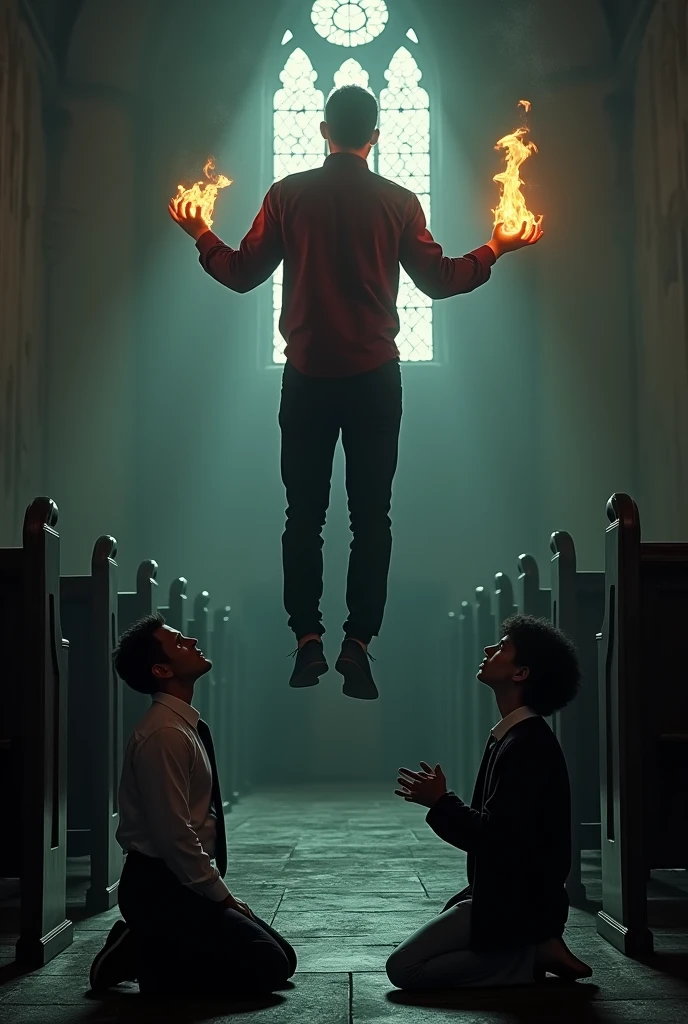 In a dark church a man wearing burgundy shirt and he is levitating in the air. His hands are open, and there are flames in his hands. Wooden planks are nailed to windows, and a faint light coming through windows creates a backlight effect. In front of the man, there is a kneeling another man and woman, both pleading. They are wearing white shirts, black ties and black cardigans, dark ambiance, movie scene, hyperrealistic, photography, detailed