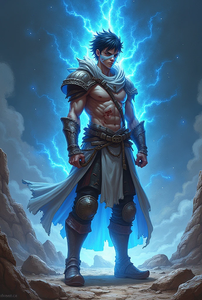 shingoaraki-style-smf, 1boy, close-up, bandages, blood, wounded, broken armor, rock ruins background, battle stance, cosmos, energy stars, blue aura