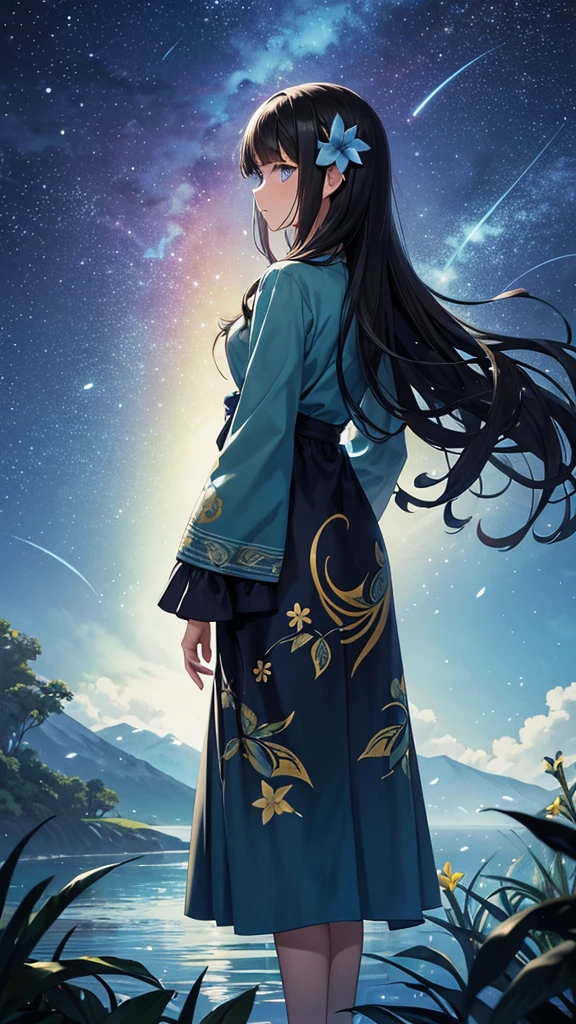 only one girl, long black wavy hair, blue eyes, standing far away while looking behind, wearing a blue green dress with plumeria flowers printed, night time, fireflies, plantation of white plumeria flower, Sparkle, Silhouette, Accurate, Masterpiece, High Resolution,