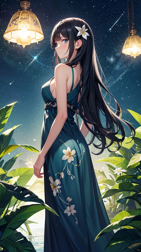 only one girl, long black wavy hair, blue eyes, standing far away while looking behind, wearing a blue green dress with plumeria flowers printed, night time, fireflies, plantation of white plumeria flower, Sparkle, Silhouette, Accurate, Masterpiece, High Resolution,