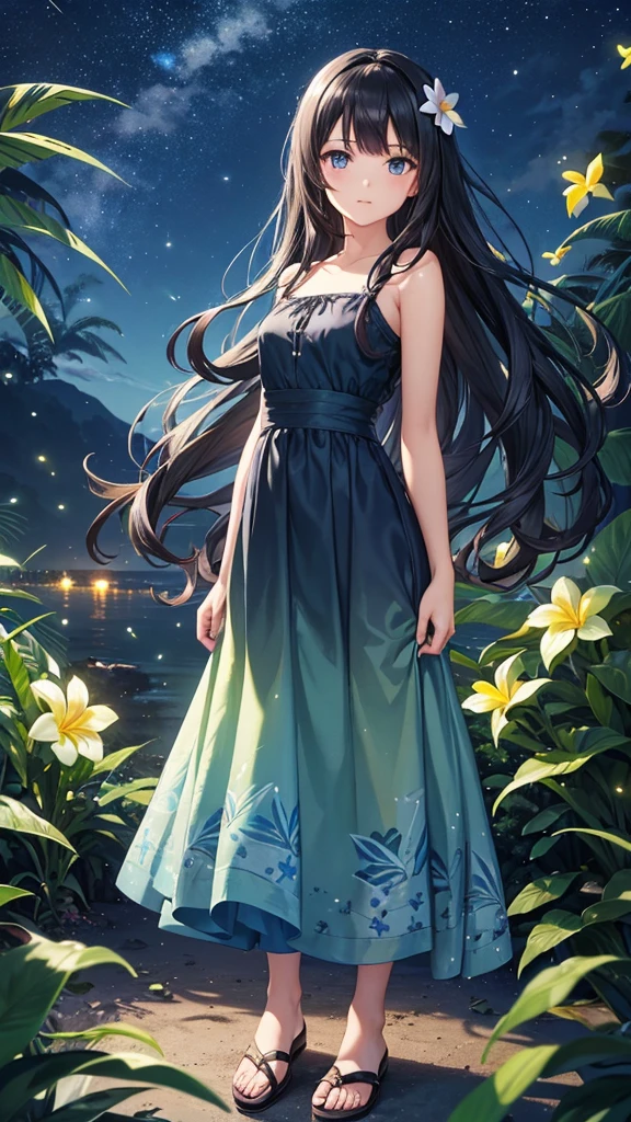 only one girl, long black wavy hair, blue eyes, standing far away while looking behind, wearing a blue green dress with plumeria flowers printed, night time, fireflies, plantation of white plumeria flower, Sparkle, Silhouette, Accurate, Masterpiece, High Resolution,
