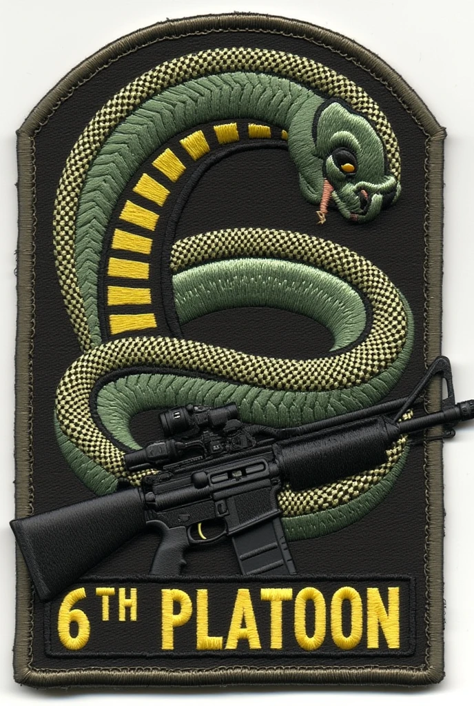 Military patch of a snake forming a number 6 with its body, with m16 rifle and the legend of 6th Platoon on the bottom 