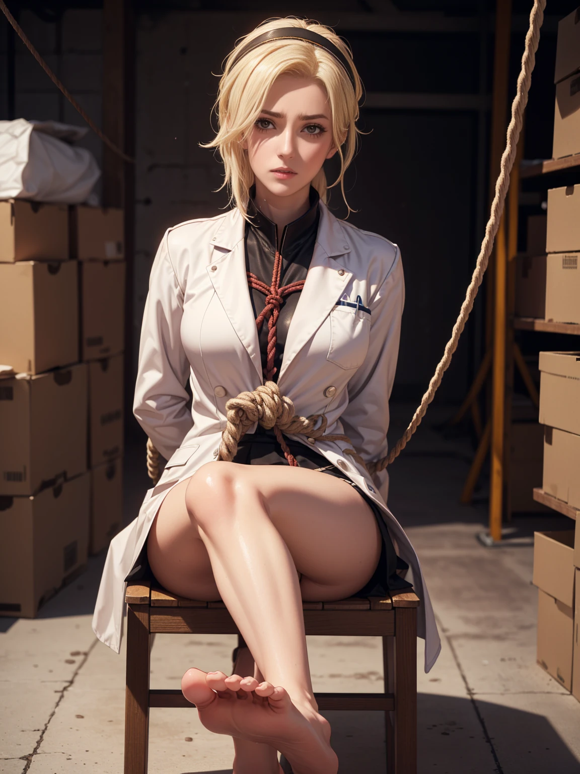 Beautiful,woman, Mercy from overwatch, blonde wet hair, hairband, dewy complexion, long eyelashes,soft-petalled lips,(beautiful detailed lips:1.1),(medium breasts:0.9),youthful appearance, blonde locks cascading down, seductive sexy pose,(empty warehouse background:1.1),soft sunlight, pastel color palette,(best quality:1.2),(highres:1.1),(realistic:1.37),(physically-based rendering:1.1),(vivid colors:1.1),(soft lighting:1.1), full body, (((visible feet))), (((wearing a doctor coat))), black skirt, pink blouse, heels. panties. sweaty, blushed, (((sitting on chair))), (((tied hands with ropes))), (((arms behind back))), tied to a chair, (((panic face))), (((frightened))), (((struggling))), front view, small panties