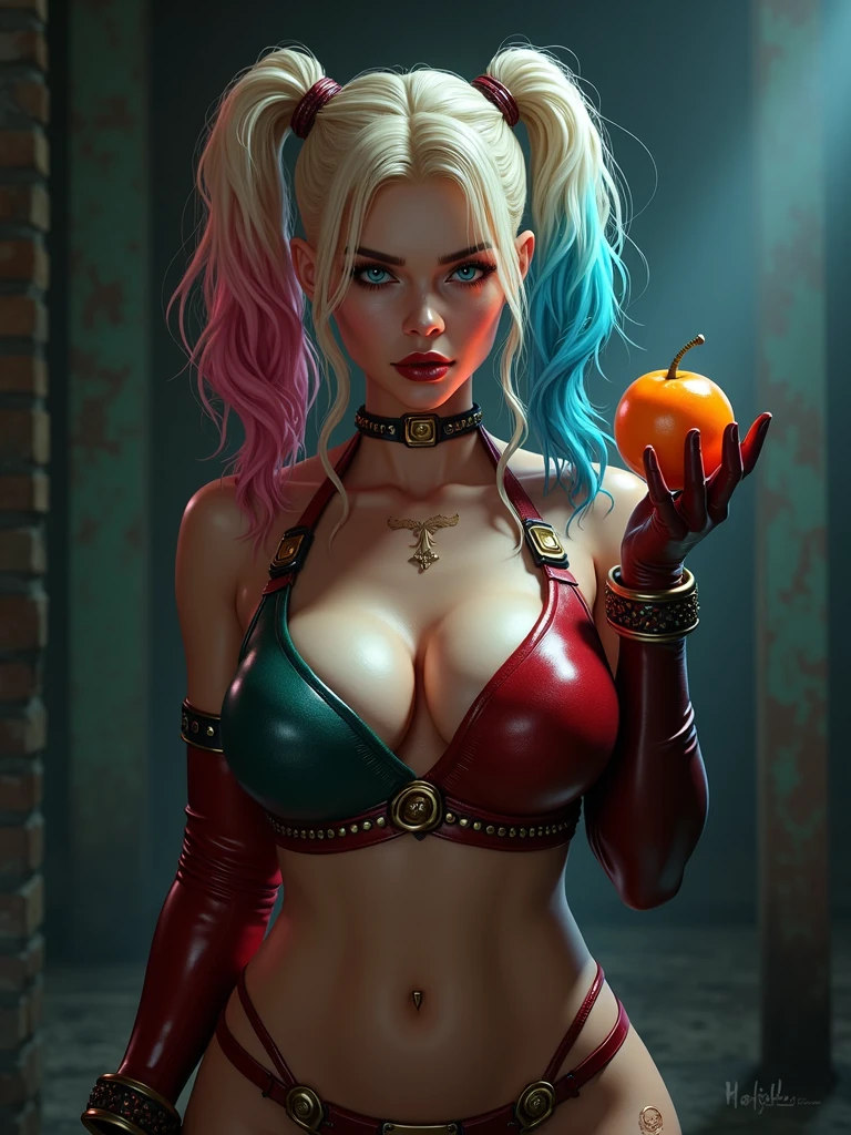 Harley quinn, sexy, ultra realistic, holding a kumquat