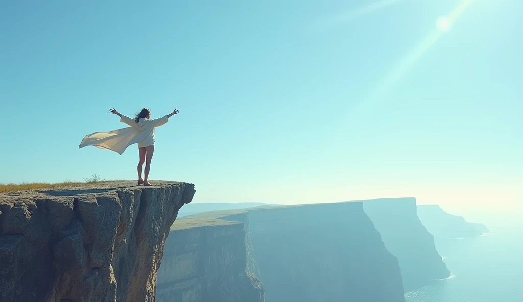 A person standing on a cliff, arms open wide, embracing the wind, with a clear sky in the background, representing living in the present.