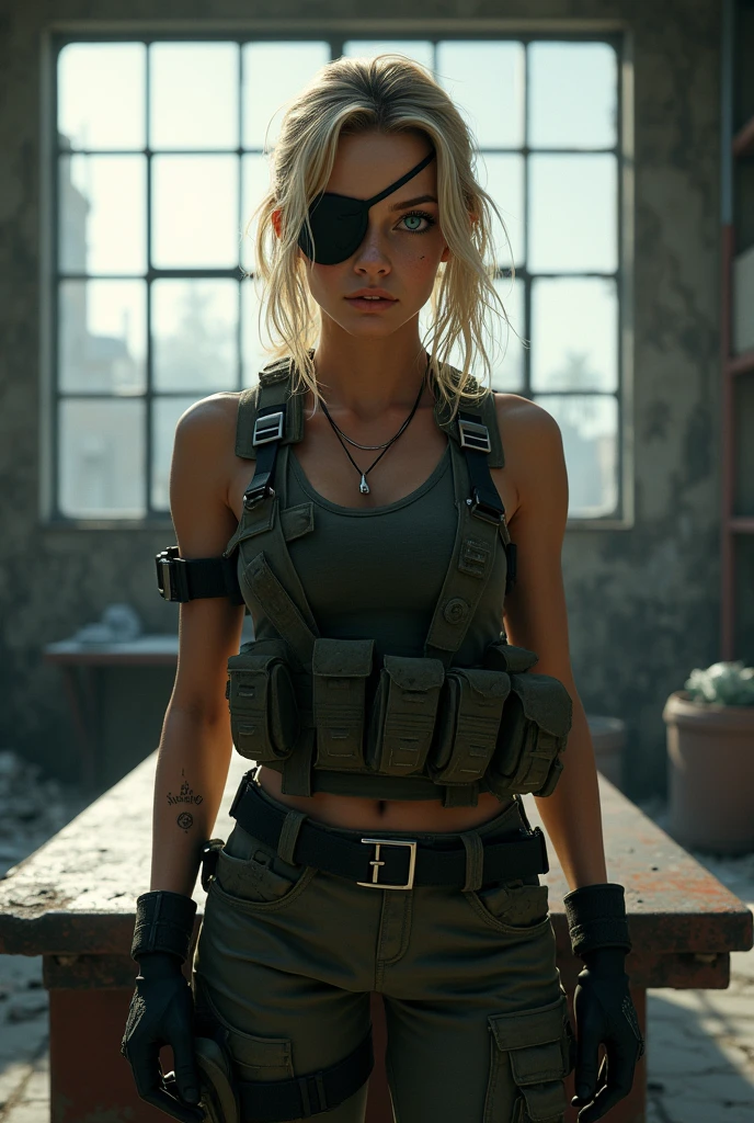 (best quality, photorealistic, ultra detailed) A woman around thirty years old in a room with a large iron table in the middle, the room has a large window overlooking a devastated city, she is wearing black military pants with equipment and a black military top, she is blonde and has blue eyes, one of her eyes is covered by a black eye patch, realistic lighting, closeup portrait, serious expression, front view, small scar on forehead