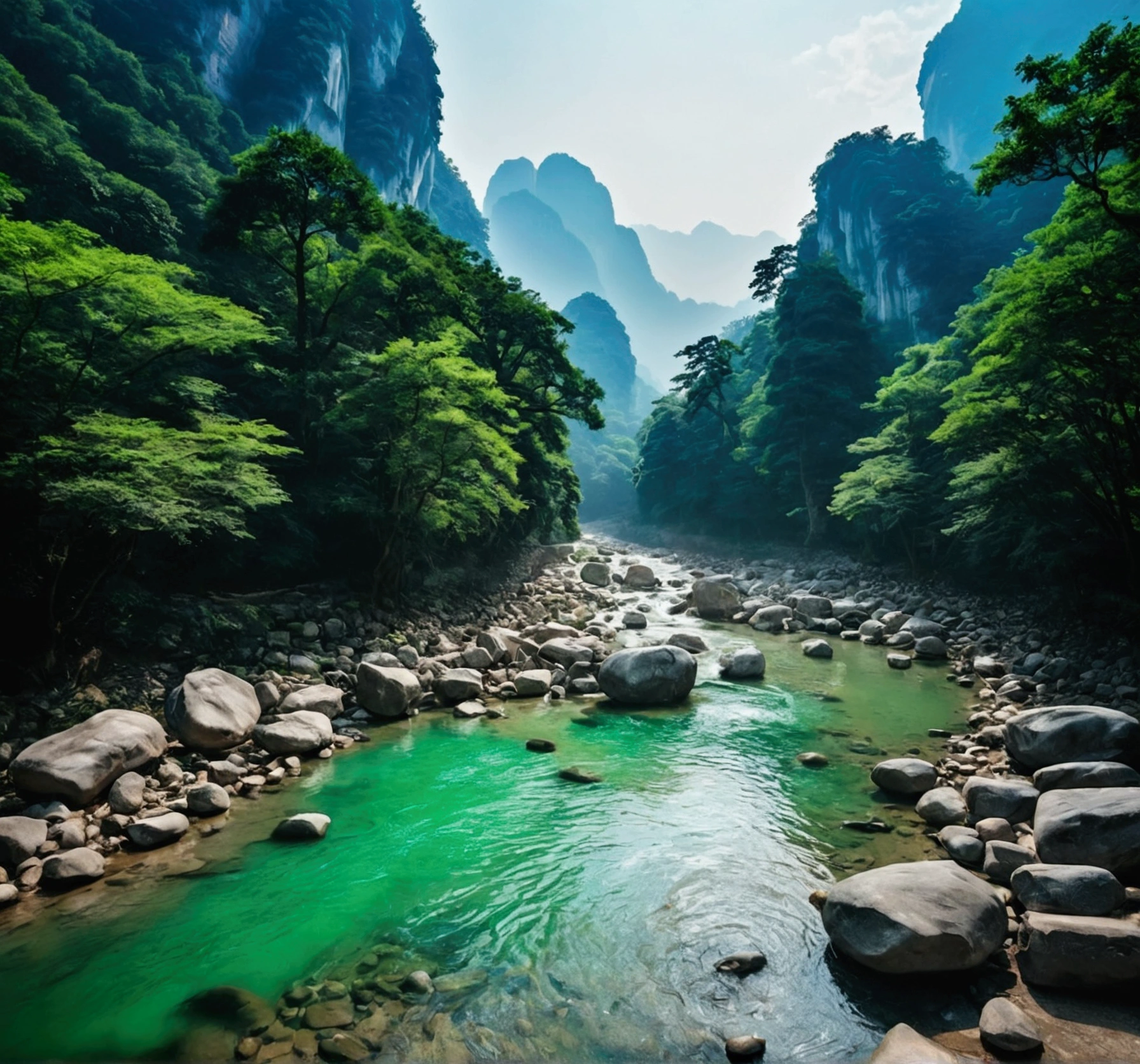 Taking photos in the creek，The stream is flowing，The stream is clear，There is a mountain at one end of the stream，Stone Mountain in Zhangjiajie,Clouds and mist，Unified emerald green tone，Cinematic color grading