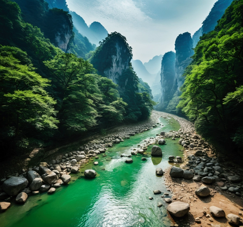 Taking photos in the creek,The stream is flowing,The stream is clear,There is a mountain at one end of the stream,Stone Mountain in Zhangjiajie,Clouds and mist,Unified emerald green tone,Cinematic color grading