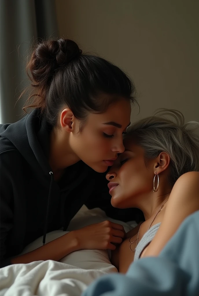 black woman hair in a bun black hoodie black leather short shorts laying in the bed on her stomach while an ugly old woman is in between her legs licking her butt                                    bedroom
